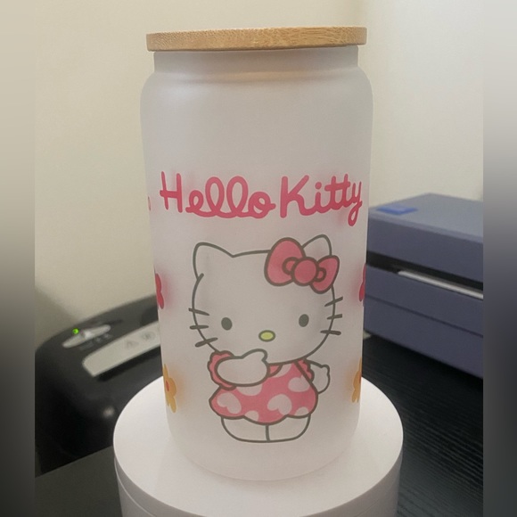 Other - Hello Kitty 16 oz Glass CanTumbler Personalized with Bamboo Lid and Straw